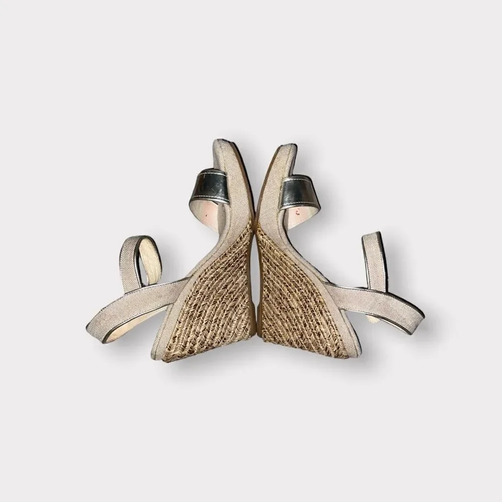 Maypol Gold Leather and Linen Espadrille Wedge Sandals Size 5.5